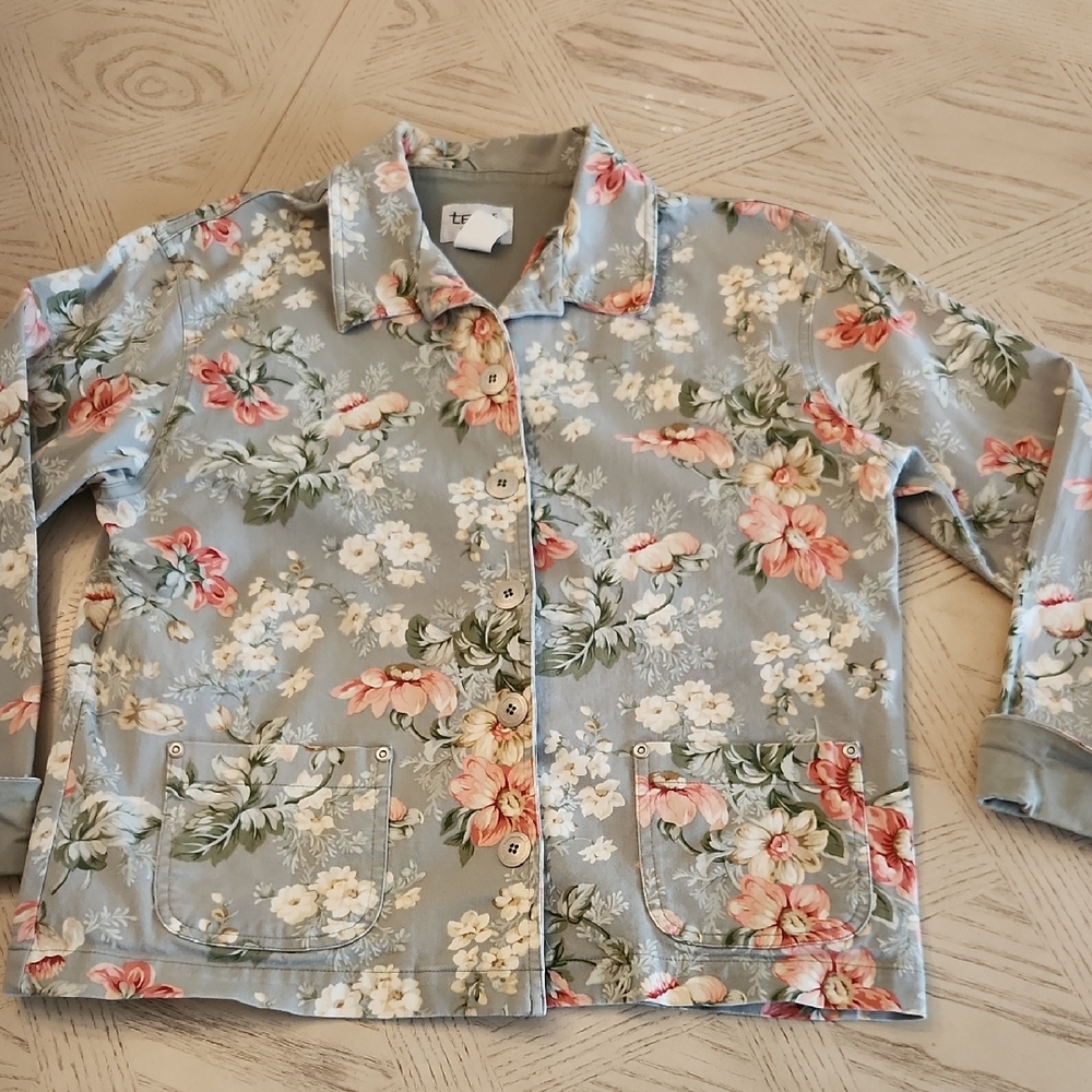 Teddi Petite Green Floral Button Down Denim Jacket Women's PS